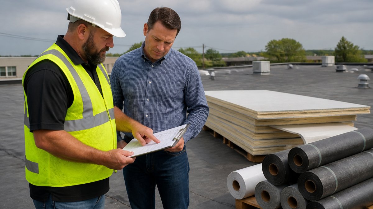 A roofing contractor and a building owner reviewing a printed estimate on a clipboard while standing on a flat commercial rooftop, with membrane rolls and insulation boards stacked nearby