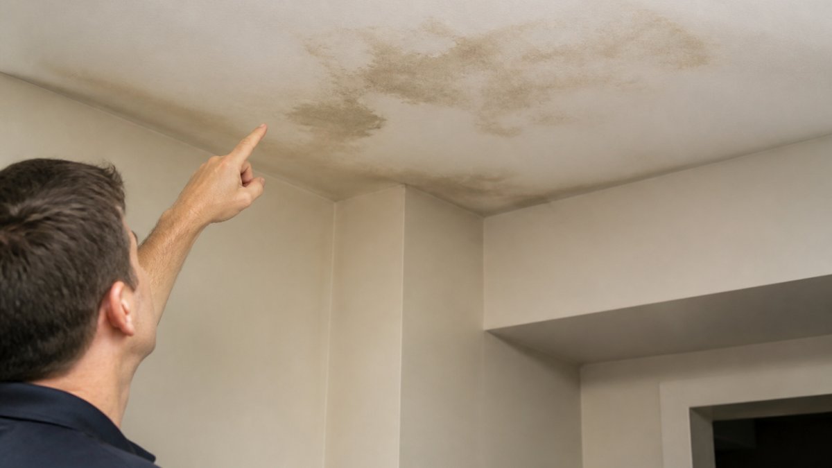 Close-up of a roofer's hands pointing to visible water stains and moisture damage on an interior ceiling, with discoloration marks and wet patches visible on drywall