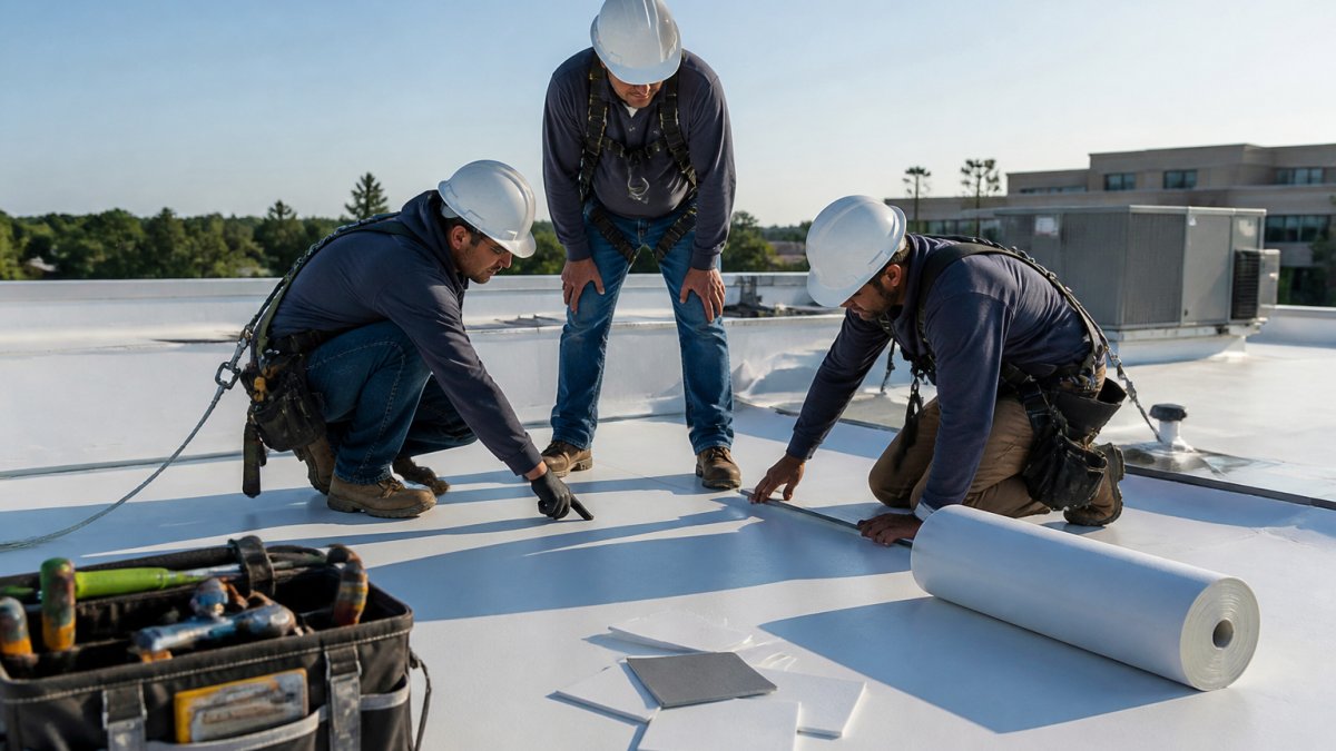 A roofing crew in hard hats and harnesses inspecting a white single-ply membrane roof on a low-slope commercial building, tools and membrane sample squares in the foreground, morning light
