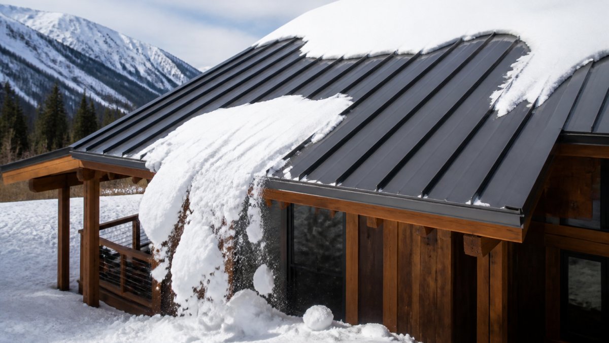 A standing-seam metal roof on a mountain home with deep snow sliding off the panels, revealing the dark metal surface and a clear path below