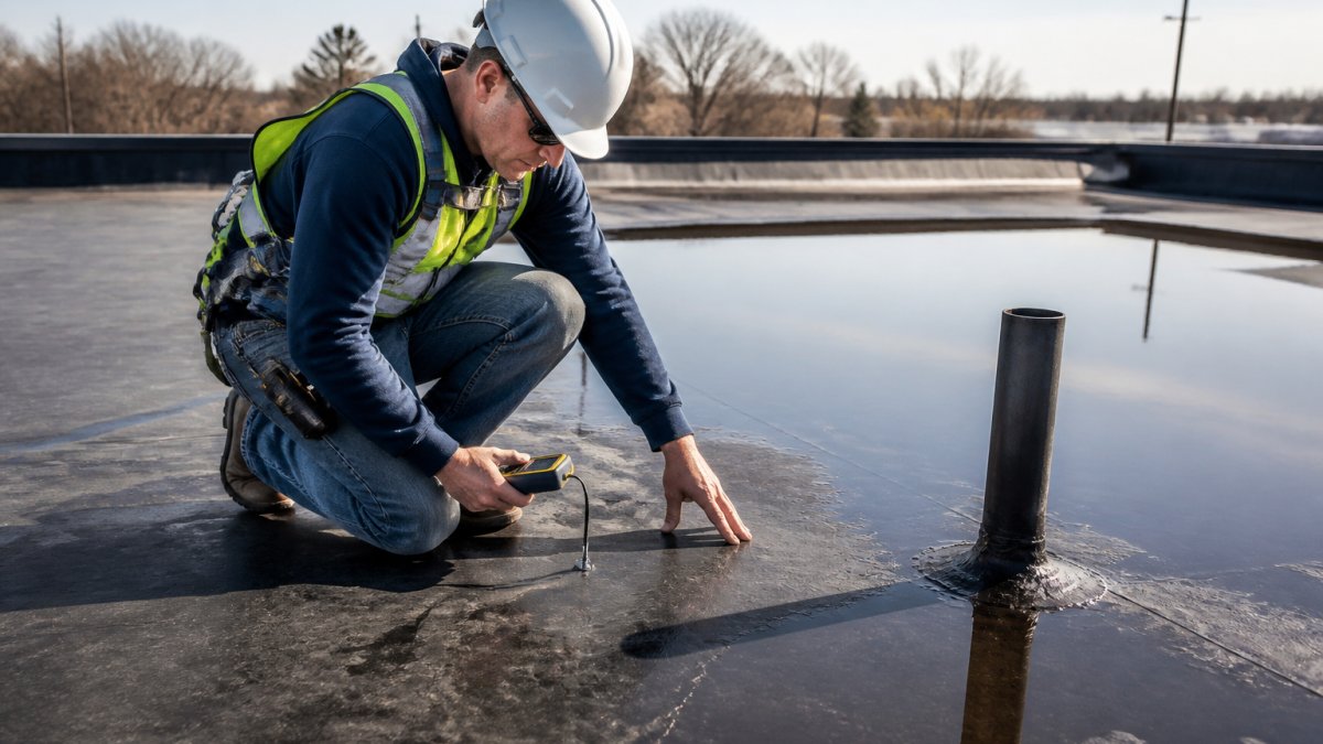 A roofing professional in safety gear inspecting a flat roof membrane with a moisture meter, with ponding water and a vent pipe visible nearby